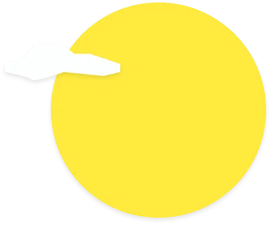 A large yellow circle occupies most of the image, representing a sun. Two small white cloud shapes overlap part of the upper left side of the sun, casting a shadow on it. The background is transparent.