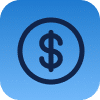 A blue square icon with rounded corners featuring a dark blue dollar sign ($) enclosed in a circle in the center. The background gradient transitions from a darker blue at the bottom to a lighter blue at the top.