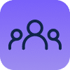 A rounded square icon with a gradient purple background, featuring a simple white illustration of three figures arranged in a row. The middle figure is larger and the two figures on either side are smaller, symbolizing a group or community.