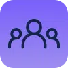 A rounded square icon with a gradient purple background, featuring a simple white illustration of three figures arranged in a row. The middle figure is larger and the two figures on either side are smaller, symbolizing a group or community.