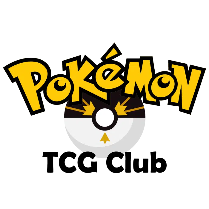 The image displays the logo for UW Pokémon TCG Club Donation. The text "Pokémon" is prominently featured in bold, yellow letters at the top, while "TCG Club" appears below in black letters. A stylized Poké Ball with wings and a starburst design is embedded in the background, representing community and potential donations.