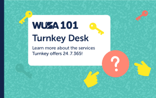 A teal background features a white rectangular section with the text "WUSA 101 Turnkey Desk." Below, it reads, "Learn more about the services Turnkey offers 24.7.365!" Surrounding the text are images of keys, pointing hands, and a question mark in an orange circle.