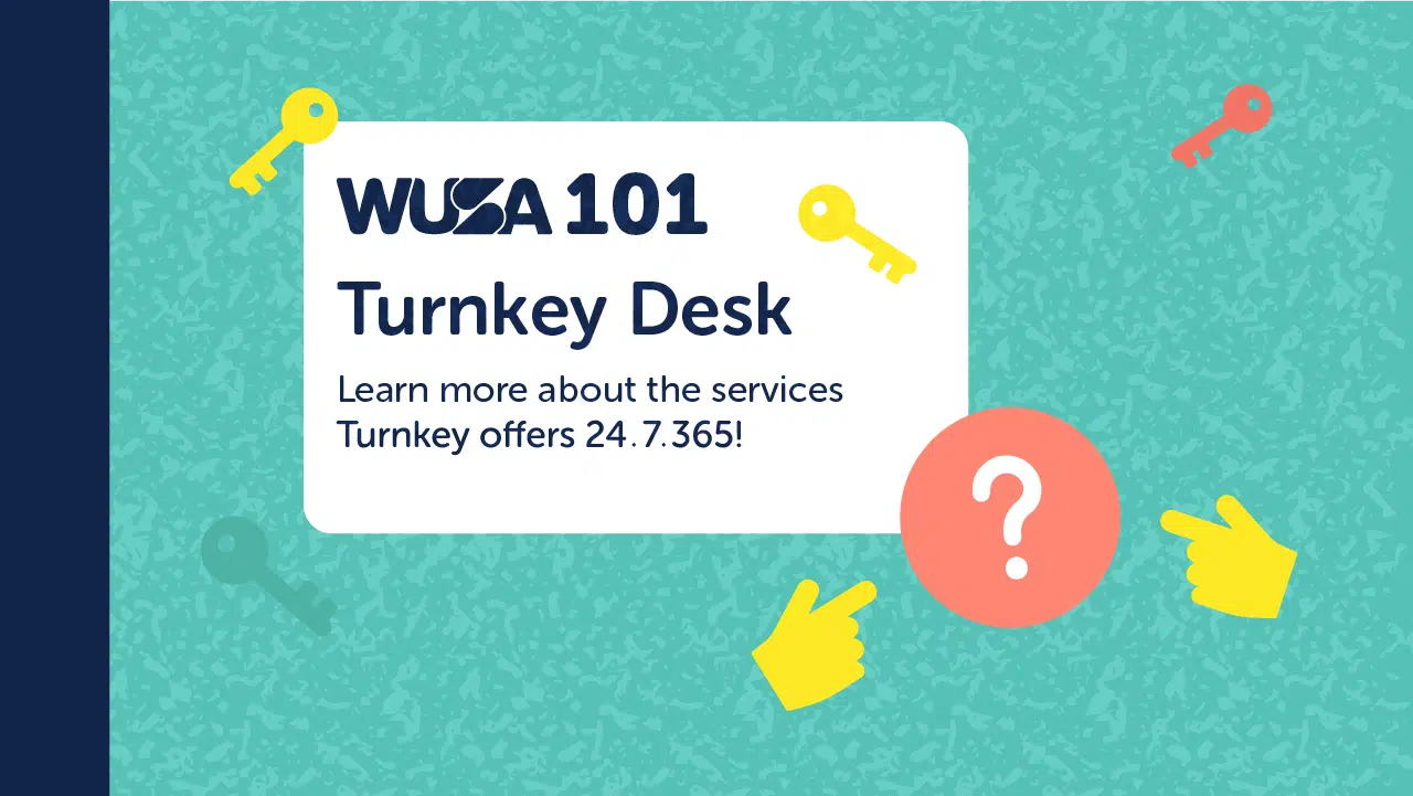 A teal background features a white rectangular section with the text "WUSA 101 Turnkey Desk." Below, it reads, "Learn more about the services Turnkey offers 24.7.365!" Surrounding the text are images of keys, pointing hands, and a question mark in an orange circle.