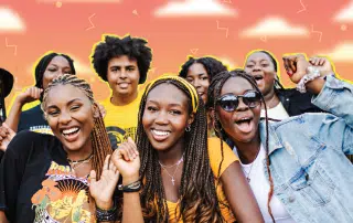 A group of smiling young adults pose energetically in front of an illustrated sunset background with stylized clouds. They display lively expressions and gestures, wearing casual, vibrant clothing. The atmosphere at the First Year Fair is joyful and celebratory, marking it as the best one ever.