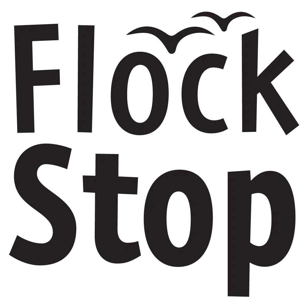 Flock Stop" logo in bold black font with two stylized bird silhouettes above the "o" in "Flock.