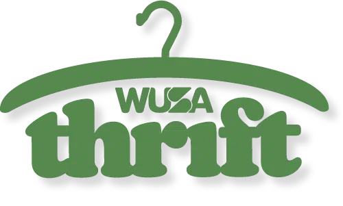 Logo for WUSA Thrift featuring a green clothes hanger with the word "thrift" in lowercase beneath it and "WUSA" written inside the hanger in uppercase.