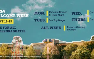 Promotional image for WUSA Welcome Week, September 11-15. Events include Pancake Brunch & Trivia Night (Mon), Sex Toy Bingo (Tues), Esports Gaming Lounge (all week), and Carnival (Wed-Thurs). The event is free for all undergraduates. Check wusa.ca/events for updates. You're invited!