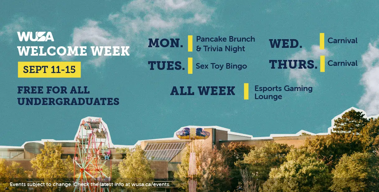 Promotional image for WUSA Welcome Week, September 11-15. Events include Pancake Brunch & Trivia Night (Mon), Sex Toy Bingo (Tues), Esports Gaming Lounge (all week), and Carnival (Wed-Thurs). The event is free for all undergraduates. Check wusa.ca/events for updates. You're invited!