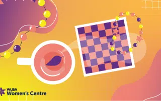 Illustration of a table with a cup of tea, a checkerboard pattern photo frame, and a bead necklace. The background has abstract wavy shapes in orange and yellow hues. The bottom left corner features the logo and name of WUZA Women's Centre.