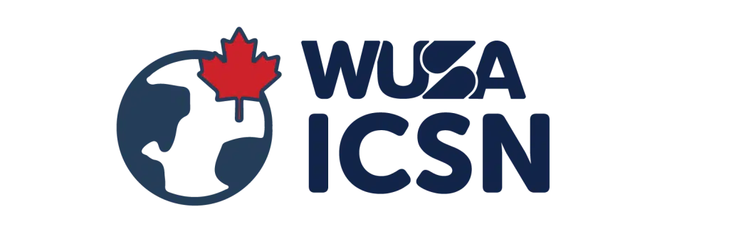 Logo featuring a stylized blue globe with a red maple leaf on top, followed by the text "WUSA ICSN" in bold blue letters.