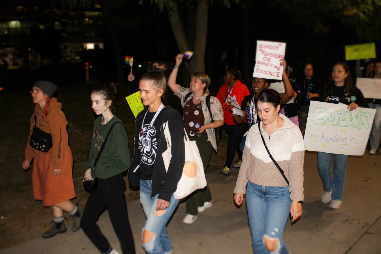 Image of students marching together with signs in support of Women's Rights.