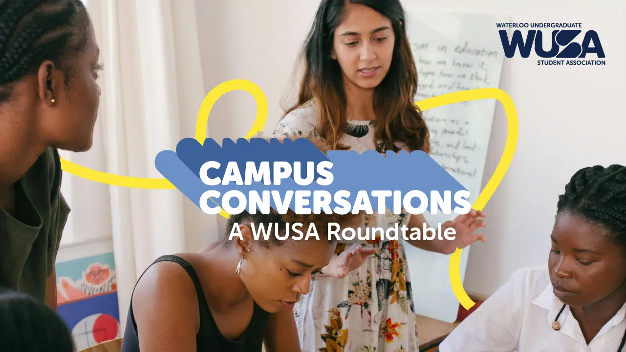 A group of four students, three sitting and one standing, engaged in discussion around a table. The image includes a yellow swirling line and the text "Campus Conversations: A WUSA Roundtable". The WUSA logo is in the top right corner.