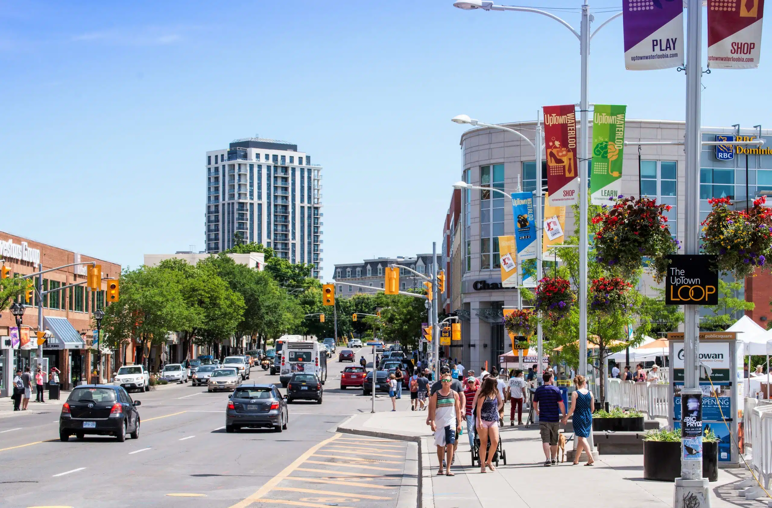 A bustling urban street scene on a sunny day, with pedestrians exploring the sidewalk and vehicles driving on the road. Colorful banners hang from streetlights, and a tall modern building is visible in the background. Shops and greenery line both sides of the street in Uptown Waterloo.