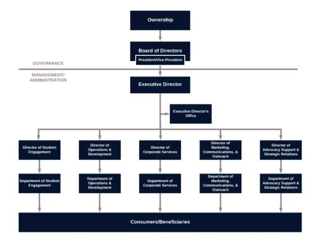 An organizational chart depicts the governance structure with Ownership at the top, followed by the Board of Directors, Executive Director, and various departments and directors including Student Engagement, Operations & Development, Corporate Services, Marketing/Communications/Outreach, and Advocacy Support & Strategic Relations, leading down to Consumers/Beneficiaries at the bottom.