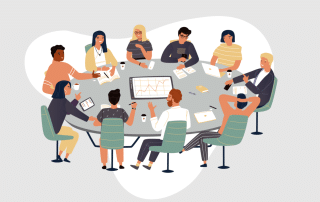 Illustration of a diverse group of people seated around a large table, engaged in a business meeting or collaborative discussion. Highlighting influential leadership, some participants use laptops and tablets, while others are writing in notebooks or presenting data charts. Coffee cups are on the table.