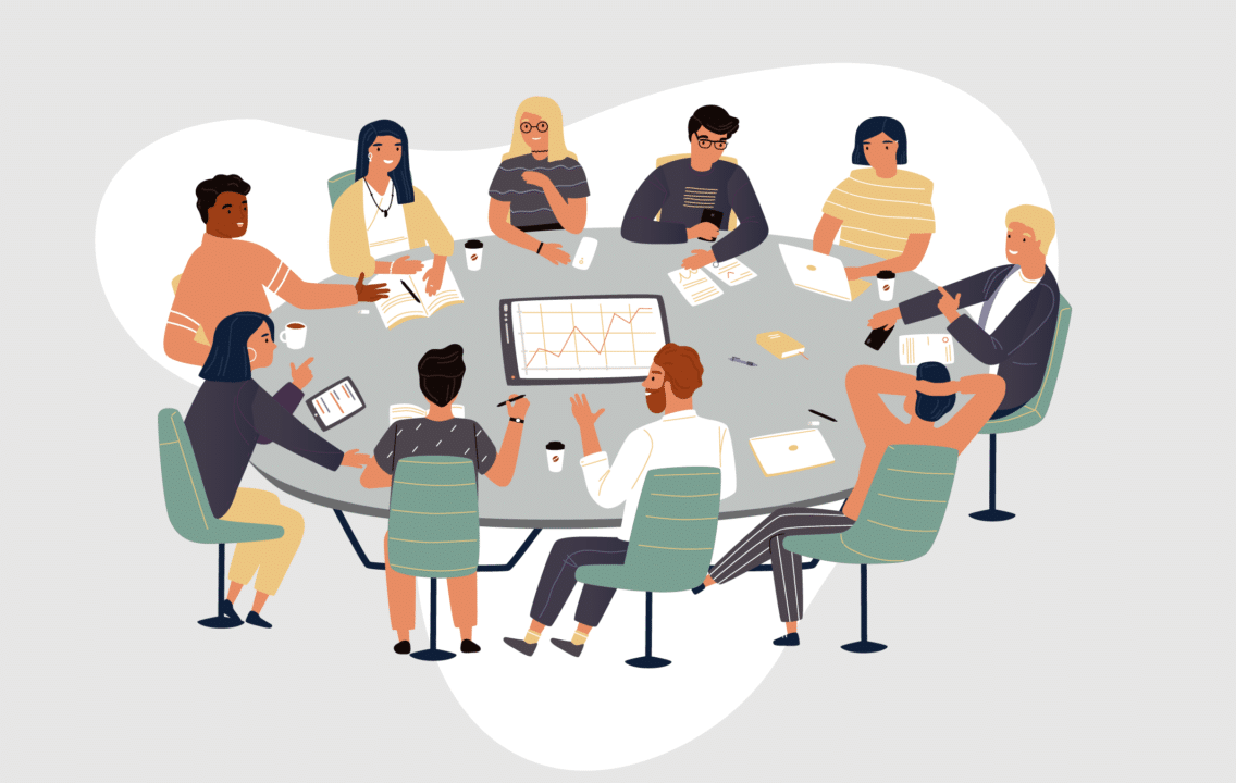 Illustration of a diverse group of people seated around a large table, engaged in a business meeting or collaborative discussion. Highlighting influential leadership, some participants use laptops and tablets, while others are writing in notebooks or presenting data charts. Coffee cups are on the table.