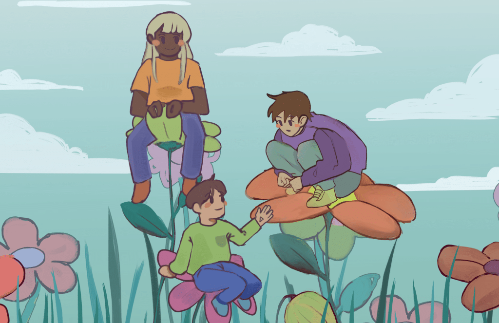 Three drawn children are sitting on oversized, colorful flowers in a whimsical garden. One child with light hair sits on a purple flower, another with dark hair sits on an orange flower, and the third with brown hair sits on a pink flower, reaching toward the others—a playful scene for the 2024 calendar cover.