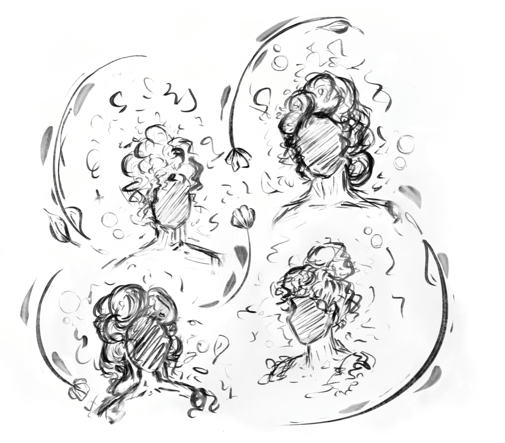 A black-and-white sketch shows four abstract faces surrounded by swirling lines and floral elements. Each face is undefined, and the background includes curly lines and stylized flowers, giving the image a whimsical and dreamy feel—like a 2024 Consent Calendar in artistic form.