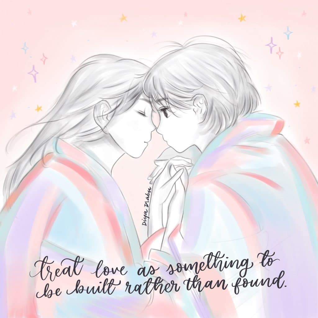 An illustration of two people leaning in for a kiss, both wrapped in a single cozy, striped blanket. Surrounding them are small, sparkly stars. The text reads, "Treat love as something to be built, rather than found." Get inspired this 2024 with our Consent Calendar featuring heartwarming moments like these.