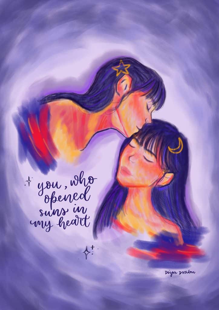Illustration of two individuals with long dark hair in a starry, dreamlike setting. One gently kisses the other on the forehead. The background is a swirl of purples and blues with a text that reads, "you, who opened suns in my heart." Featured in our 2024 Consent Calendar.