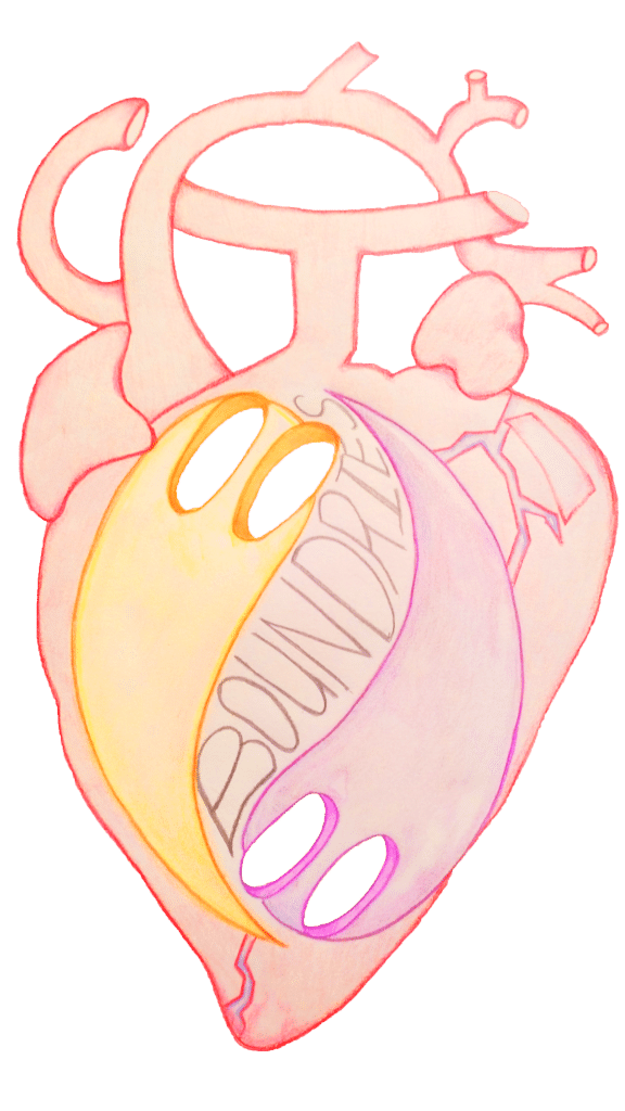 An illustration of a heart with an artistic twist. The heart is anatomically detailed but features a yin-yang symbol, with "BOUNDARIES" written across it. The yin-yang symbol, colored in soft pastel shades of yellow and pink, brings a fresh 2024 aesthetic to the piece.