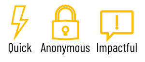 The image features three yellow icons: a lightning bolt labeled "Quick," a padlock labeled "Anonymous," and a speech bubble with an exclamation mark labeled "Impactful." These elements highlight the benefits of participating in the Student Course Perceptions Survey.