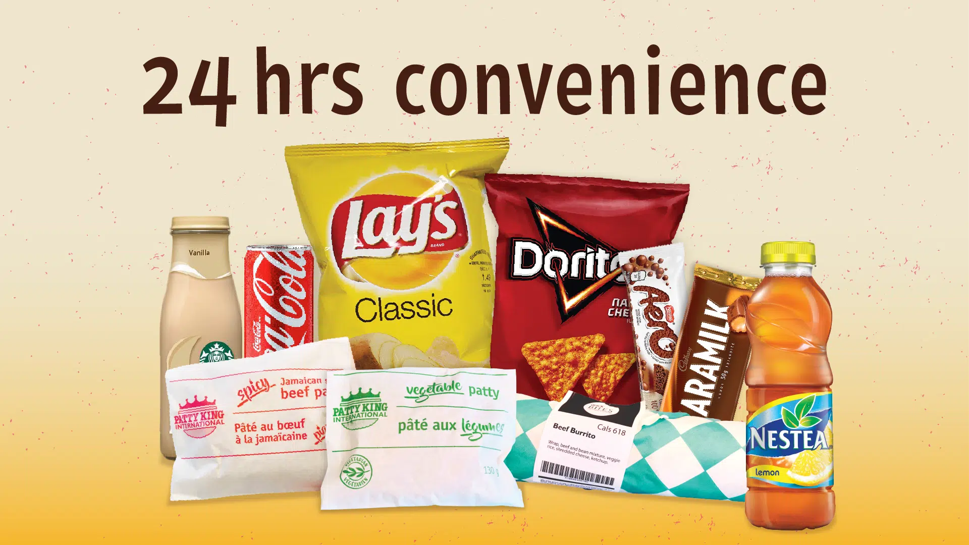 A collage of various convenience store products with the text "24 hrs convenience" at the top. Items include Lay's Classic chips, Doritos nacho cheese chips, a Nestea lemon drink, Vimto drink, Caramilk bar, sandwich wrappers, and other packaged snacks found at your local Flock Stop.