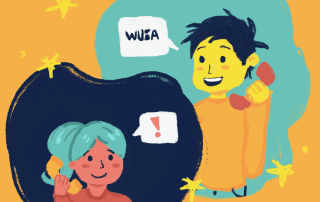 Illustration of two people talking on corded phones, indicated by speech bubbles. The person on the left, with teal-colored hair, smiles while speaking. The person on the right, with short dark hair, also smiles and holds the phone excitedly with a speech bubble saying "WUSA directions." Yellow stars decorate the background.