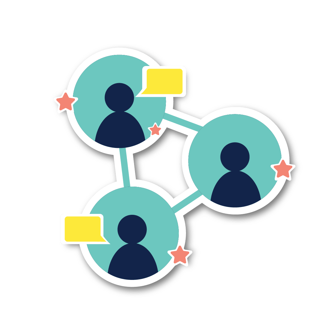 Three interconnected circles each containing a silhouette of a person. Two of the circles have yellow speech bubbles next to the silhouettes, indicating communication. Small pink stars decorate the outline of the image.