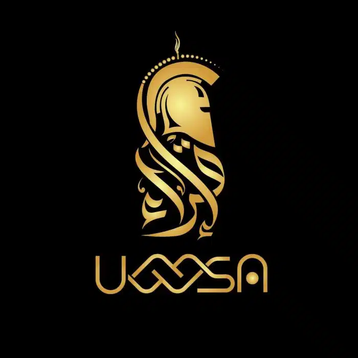 Golden Roman-style helmet with an abstract, flowing design forming the lower half of the helmet. The stylized text "UXXSA" in gold underneath features an infinity loop integrated into the middle two letters, all set against a black background. This represents the proud sponsorship by the Muslim Student Association - Sponsorship.