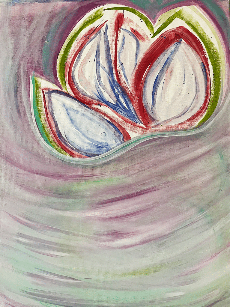 An abstract painting featuring distorted shapes resembling petals or leaves in white, blue, red, and green tones. The background consists of swirling shades of lavender, pink, and green. The style is fluid and dynamic, with a sense of motion in the brushstrokes.