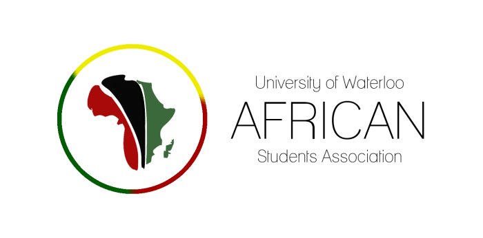 Logo of the University of Waterloo African Students Association (UWASA). The logo showcases an outline of Africa partially shaded in red, black, and green, encircled by a ring also in red, yellow, and green. Text reads "University of Waterloo AFRICAN Students Association." Support and donations for African Student Association (UWASA) - Donation are appreciated.