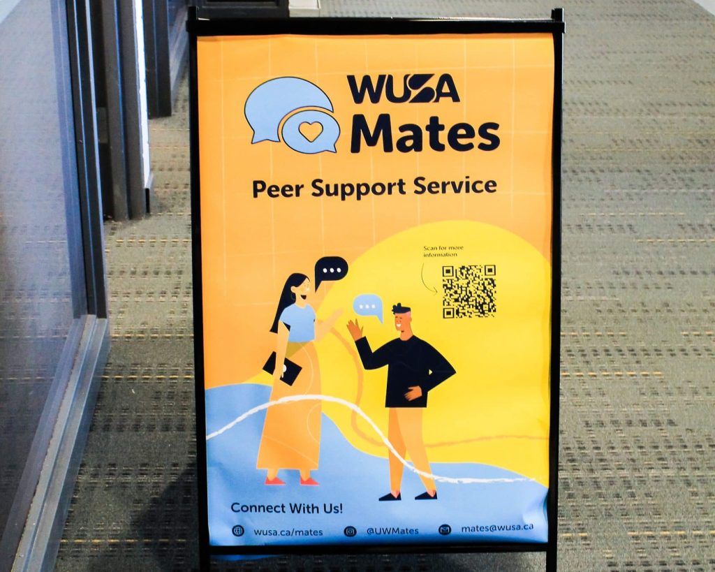 A standing sign in a hallway reads "WUSA Mates Peer Support Service." It features an illustration of two people talking, a speech bubble with a heart, and a QR code. This student-run service has contact details and social media handles listed at the bottom of the sign.