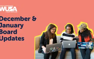 Three students sitting on a couch, each working on a laptop adorned with stickers. The background is orange with text that reads "WUSA - Waterloo Undergraduate Student Association" at the top left and "December & January Board Meeting Updates" below it.