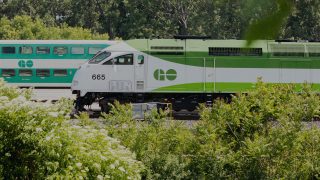 A green and white GO Train locomotive with the number 665 and a logo on its side is parked on tracks, with a matching double-decker train car behind it. The Kitchener line scene is framed by lush green trees and bushes in the foreground, evoking a sense of weekend service tranquility.