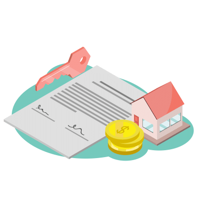 Illustration of a real estate transaction: a large key, a signed document with lines of text, a stack of gold coins with a dollar symbol, and a small model house with a red roof. The items are placed on a green surface.