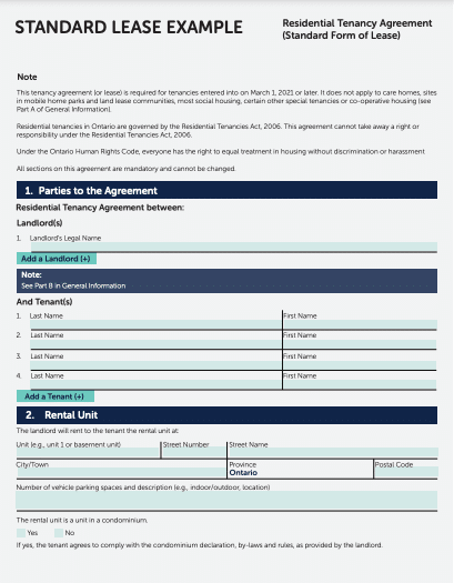 An image of a standard lease example form. The form includes sections for parties to the agreement, rental unit details, and other relevant information like landlord and tenant names, addresses, rental unit type, and postal code. The form has a structured layout with distinct headers.