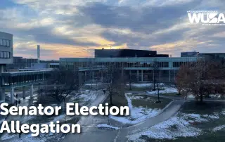 A wintery campus scene with modern buildings and light snow on the ground is shown during a sunrise or sunset. Text overlays the image, reading "Senate Candidate Allegations" at the bottom left and "Waterloo Undergraduate Student Association" with the abbreviation "WUSA" at the top right.