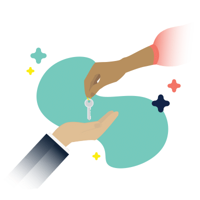 An illustration of one hand passing a key to another hand. The hand giving the key has a gradient sleeve transitioning from pink to white, and the receiving hand has a suit sleeve. Abstract shapes in teal and star-like accents appear in the background.