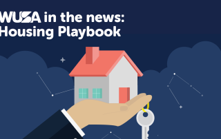 Illustrated image of a hand holding a small house with a red roof and blue windows. A key is attached to the hand on a keyring. The background is dark blue with constellation patterns. The text reads, "WUSA in the News: Housing Playbook.