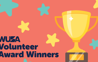 A graphic with a peach-colored background featuring teal and yellow stars. A large golden trophy is prominently displayed on the right. Text on the left reads, "WUSA Volunteer Awards Winners.