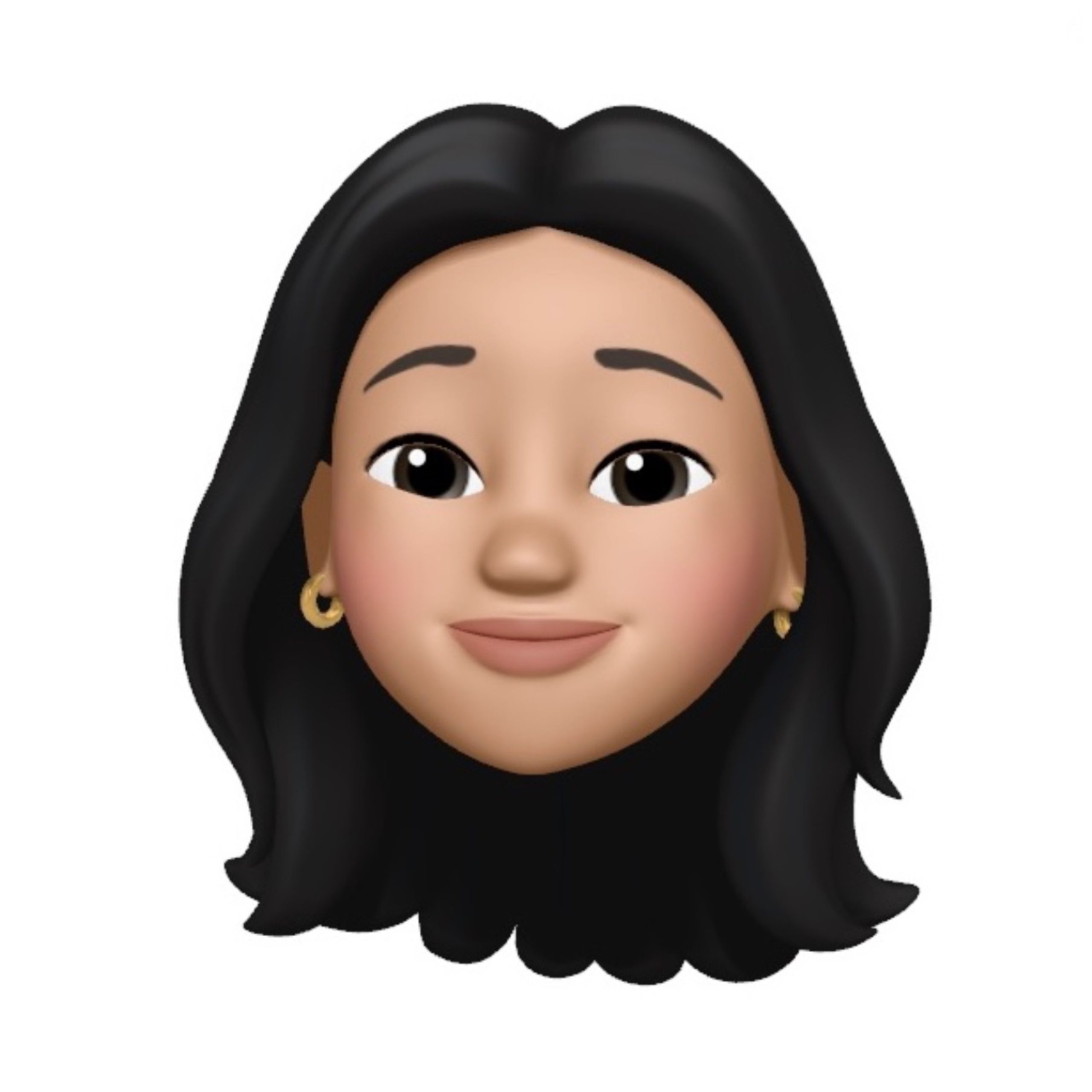 A digital avatar with long black hair, golden hoop earrings, and a slight smile on a white background. The face has expressionless eyes and a natural complexion.