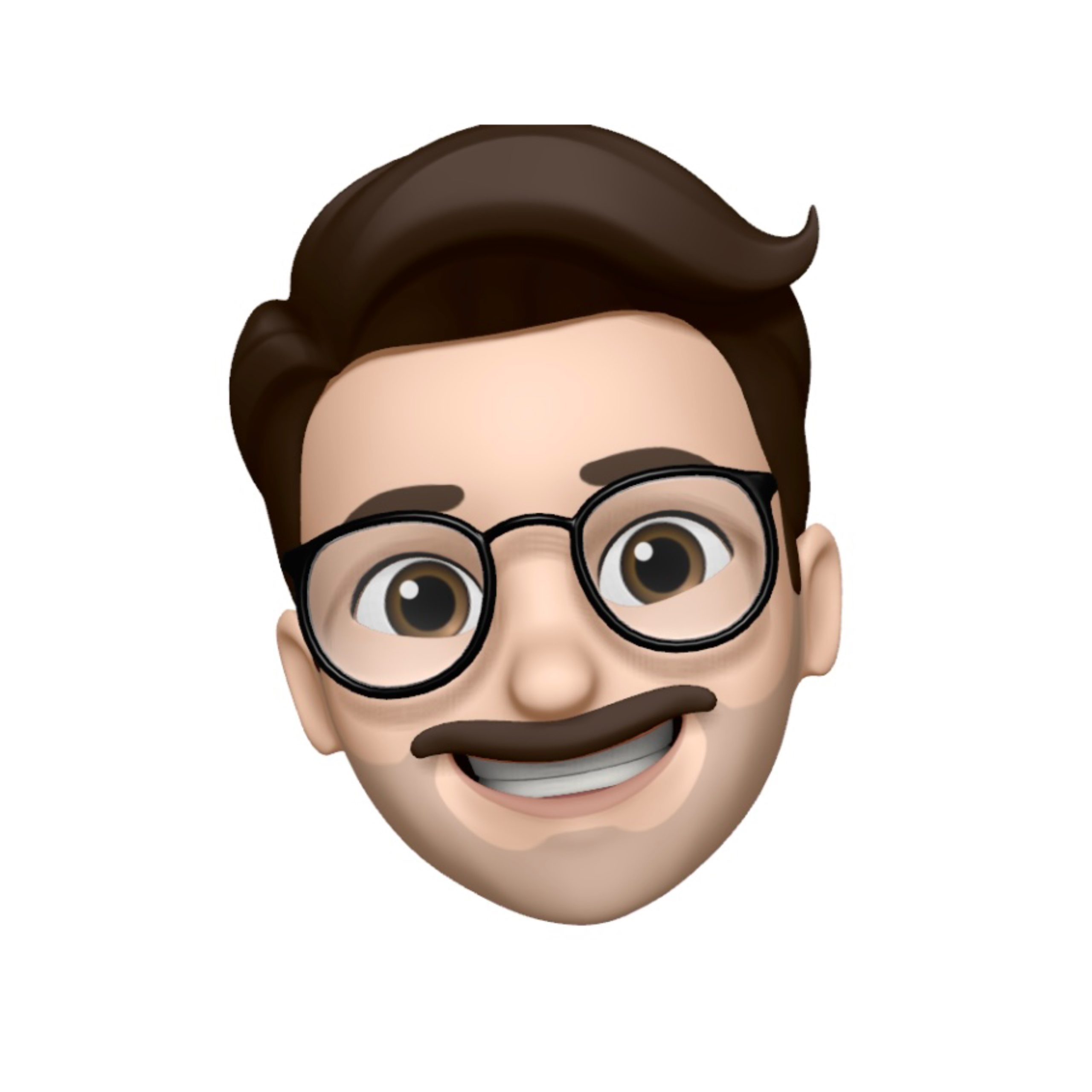 A digital emoji-style avatar with brown hair, a brown mustache, and large round glasses. The avatar is smiling broadly and has fair skin.