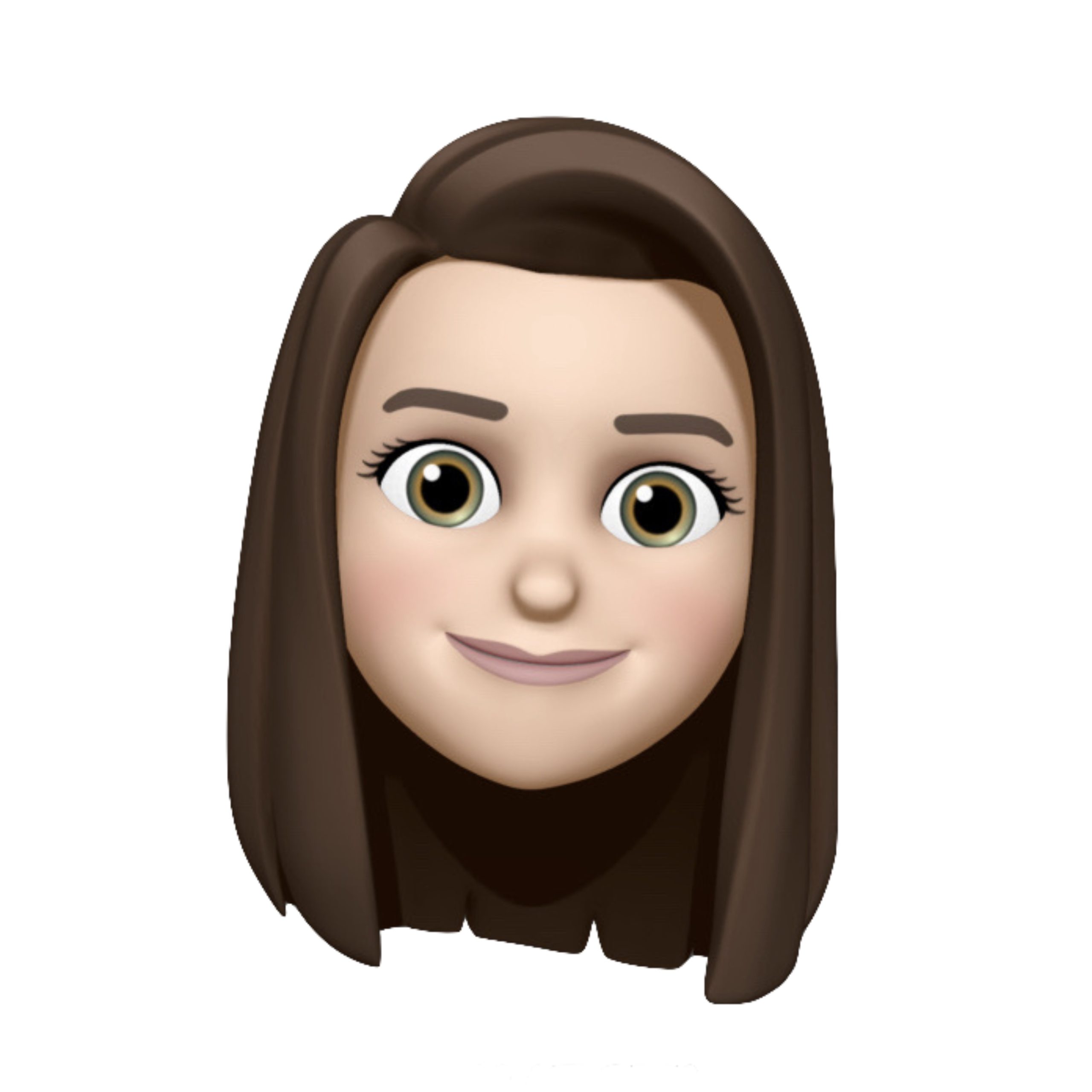 A cartoon-style emoji of a woman's face with straight, shoulder-length brown hair, large brown eyes, light skin, and a small smile. The background is white.