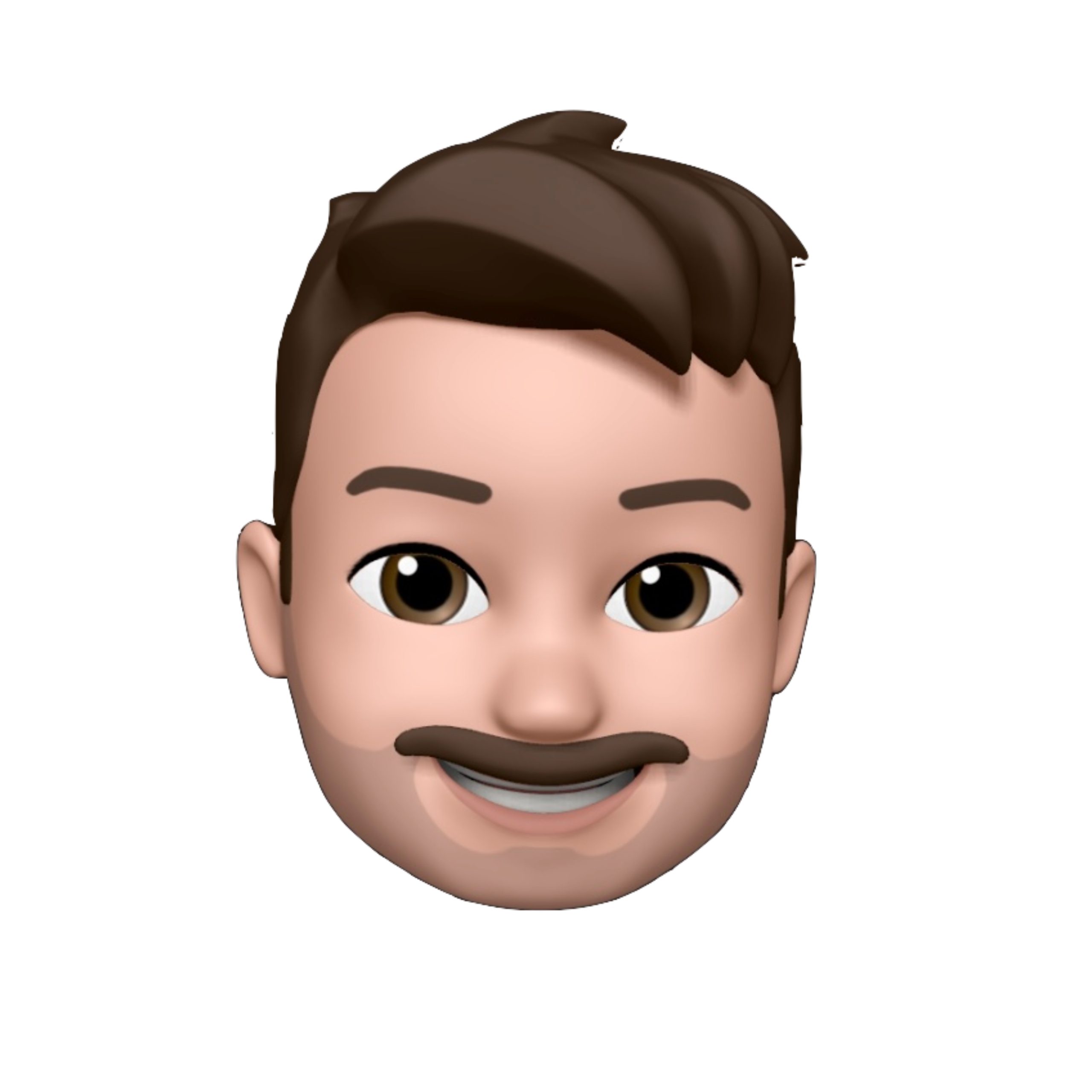 A smiling Memoji character with short brown hair, a mustache, and brown eyes. The character has a friendly expression with a slight tilt of the head and is set against a plain white background.