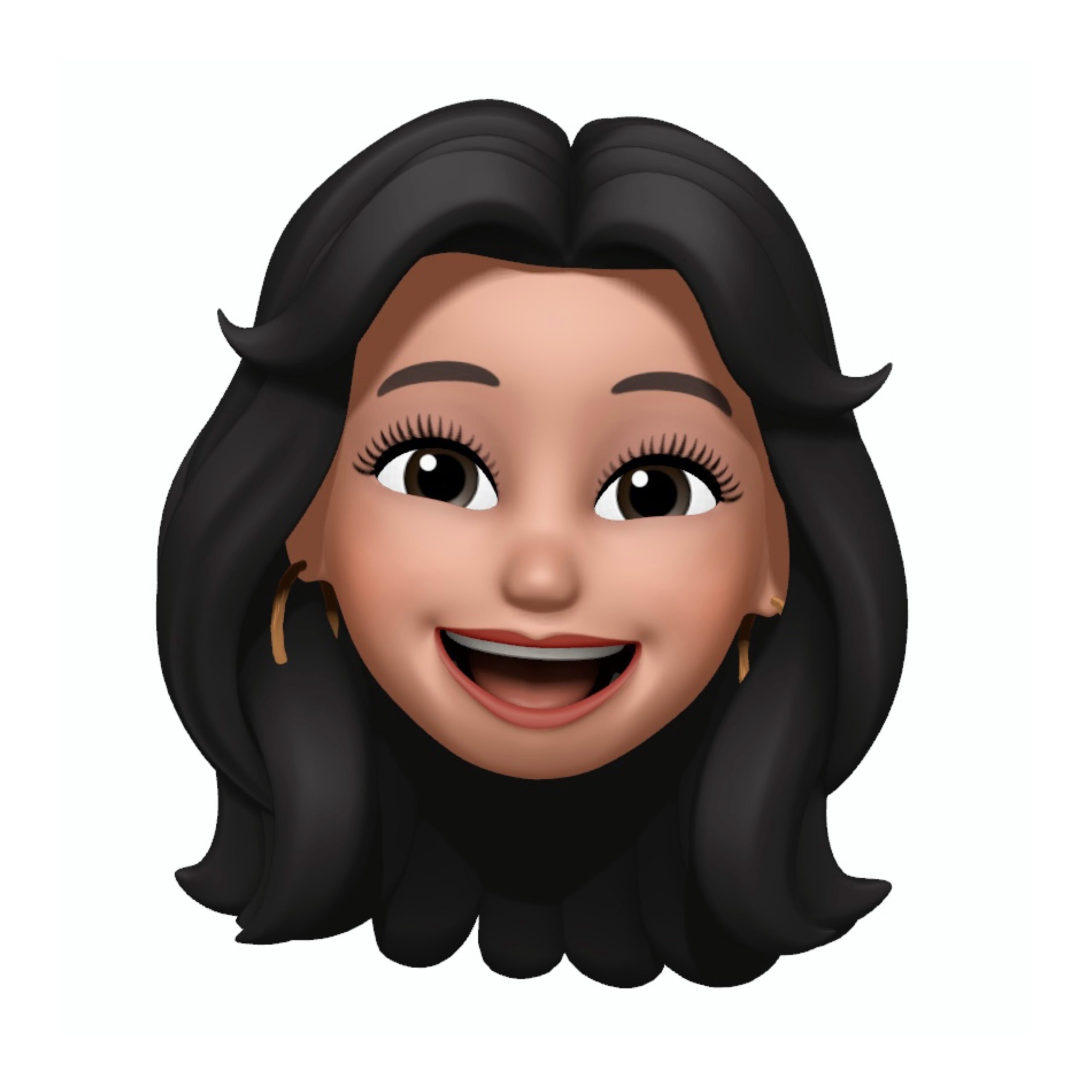 An emoji of a person with long, wavy black hair, wearing gold hoop earrings, and smiling widely with an open mouth, showing their teeth. The emoji has large, bright eyes and a cheerful expression.