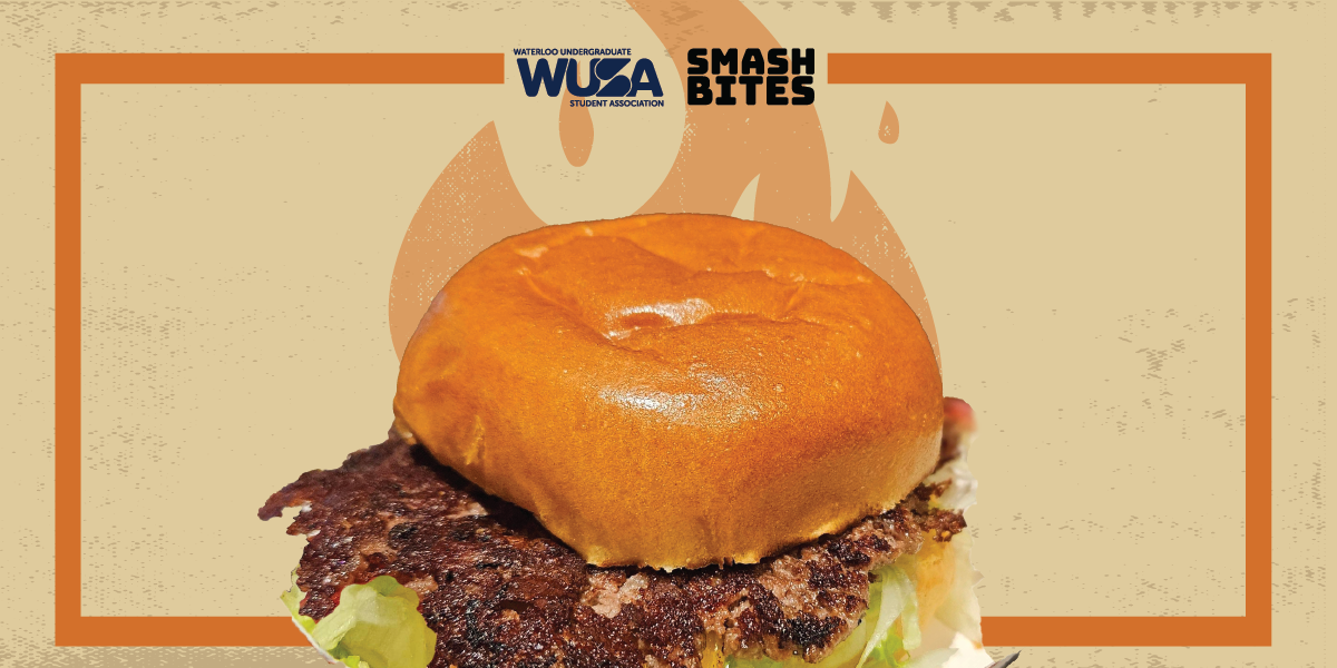 A hamburger with a toasted bun and leafy greens is displayed against a beige background with a flame graphic, evoking the essence of BBQ. Logos for "WSA" and "Smash Bites" are at the top.