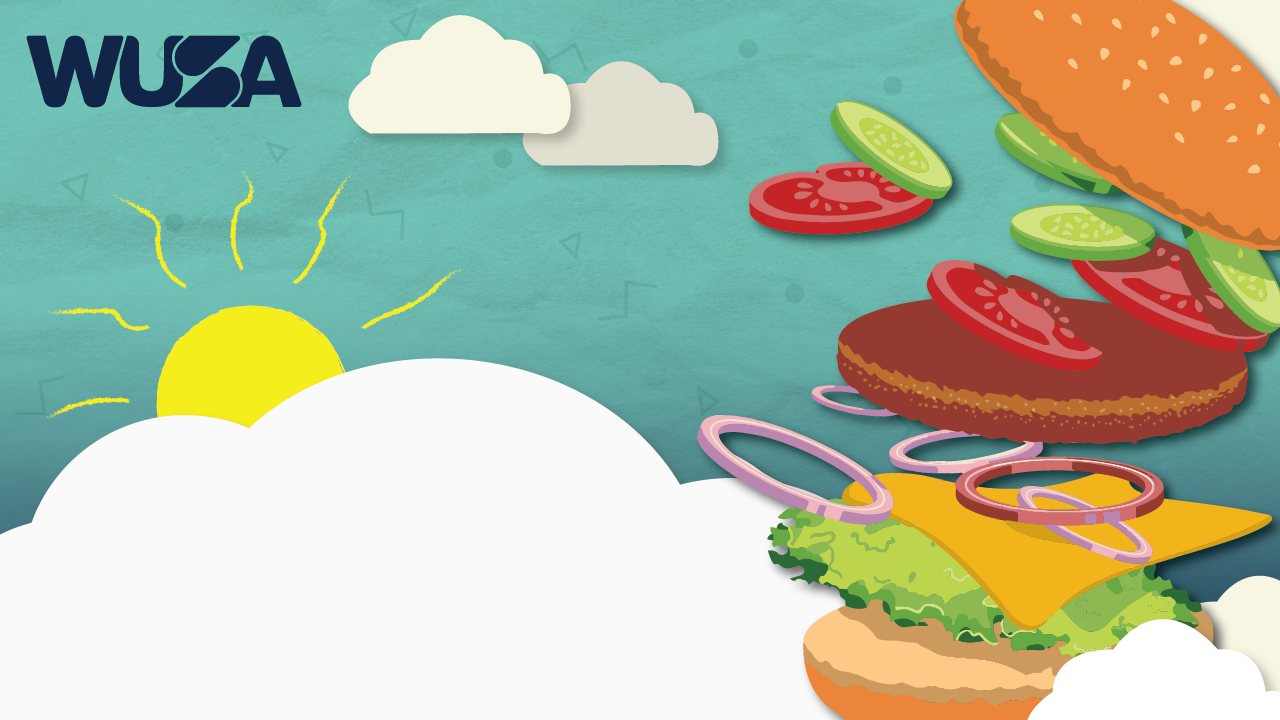 A burger with various ingredients like lettuce, cheese, onions, tomatoes, cucumbers, and a patty flying apart against a sky blue background with clouds and a sun. The word "WUSA" is in the top left corner.