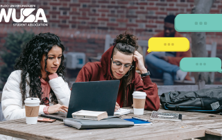 Two students, one with curly hair and the other with long hair, sit at an outdoor table, working on a laptop. Both have coffee cups, and there are textbooks and a backpack nearby. Speech bubbles indicate conversation about student financial aid. Waterloo Undergraduate Student Association logo is in the corner.