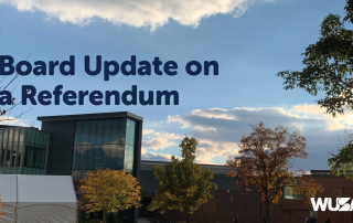 A modern building surrounded by trees with autumn foliage under a partly cloudy sky. Bold text reads "Board Update on the 2024 Investments Referendum." The WUSA logo is visible in the bottom right corner.